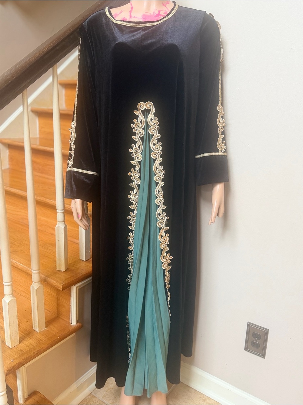 Galabiya Black Velvet Embroidered Maxi Dress with Teal Insets - Picture 5 of 6